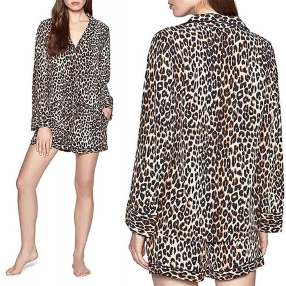 NWT Equipment Lillian Leopard Silk Pajama Set Long Sleeve Sleepwear Brown Size:M